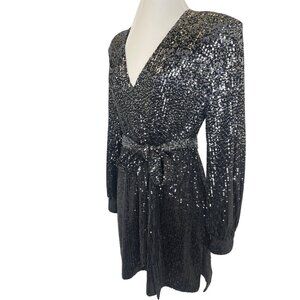 Badgley Mischka Women's Evening Dress Size 8 Sequins Belted Tunic Long Sleeve